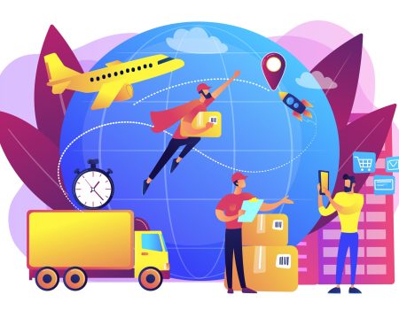 Courier carrying order, delivering parcel. Express cargo delivery service, air freight logistics and distribution, global postal mail concept. Bright vibrant violet vector isolated illustration